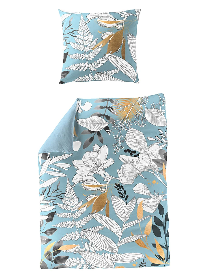 Satin-Bettwäsche-Set In Hellblau/ Gold/ Weiß 2 Satin-Bettwäsche-Set In Hellblau/ Gold/ Weiß – Bild 2