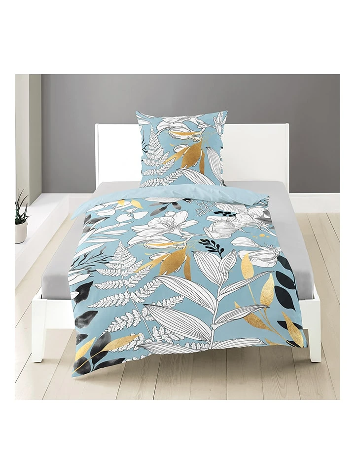 Satin-Bettwäsche-Set In Hellblau/ Gold/ Weiß 3 Satin-Bettwäsche-Set In Hellblau/ Gold/ Weiß – Bild 3