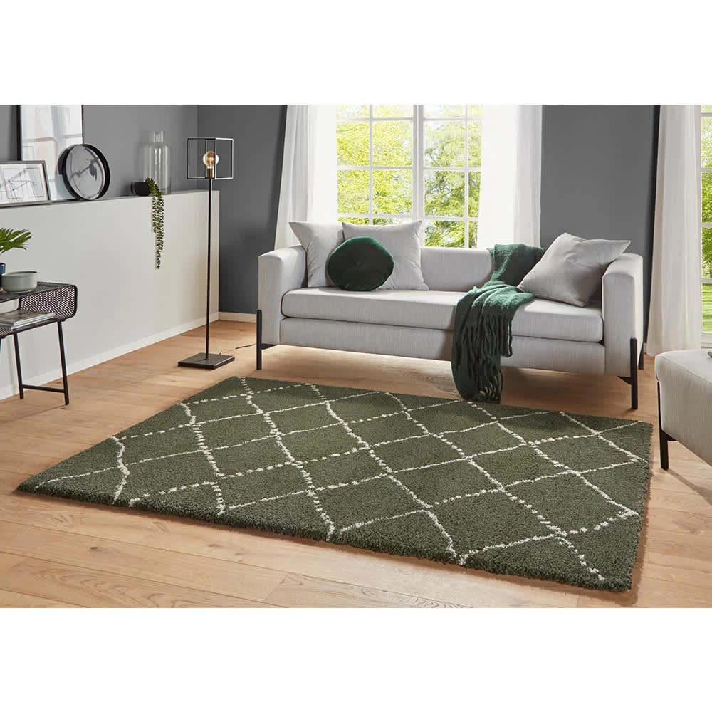 Hochflor Teppich Hash Olivgrün Creme 3 Hochflor Teppich Hash Olivgrün Creme – Bild 3